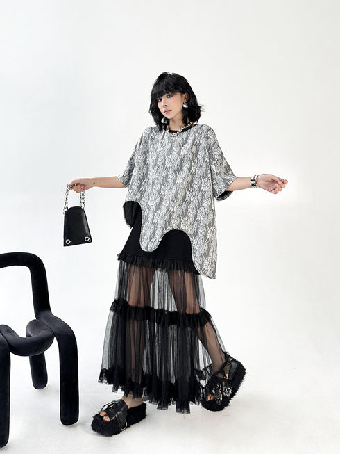 Wave Hem Lace Mesh Top